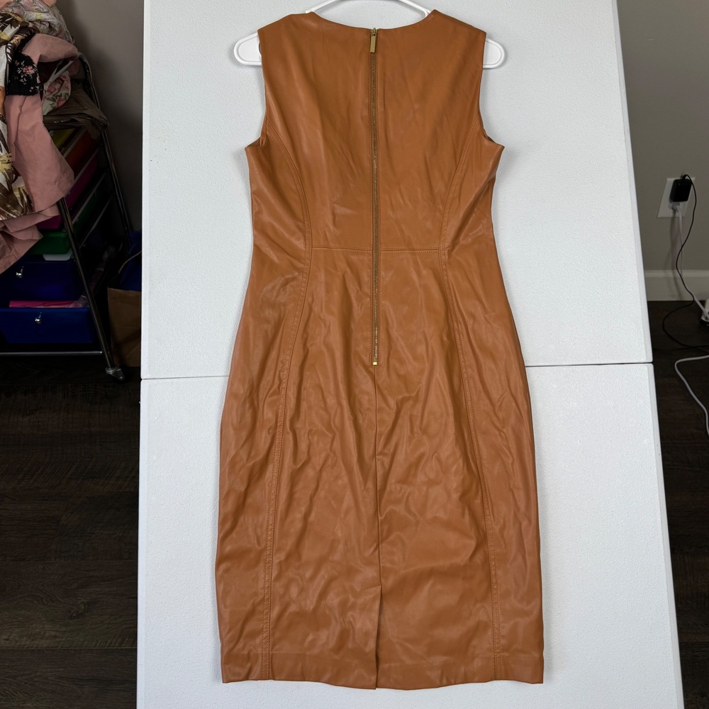 Calvin Klein Womens Faux Leather Sheath Dress Cognac Brown Size 8 CD2U9A00 - Picture 2 of 8